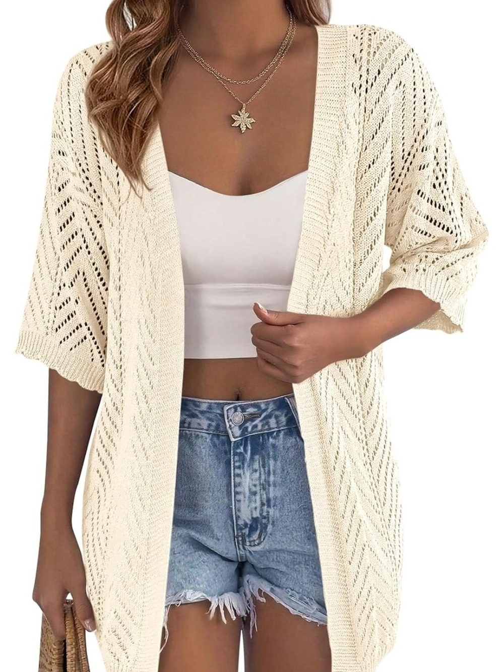 Women’s Cream Open-Knit Lightweight Cardigan - Casual Layering
